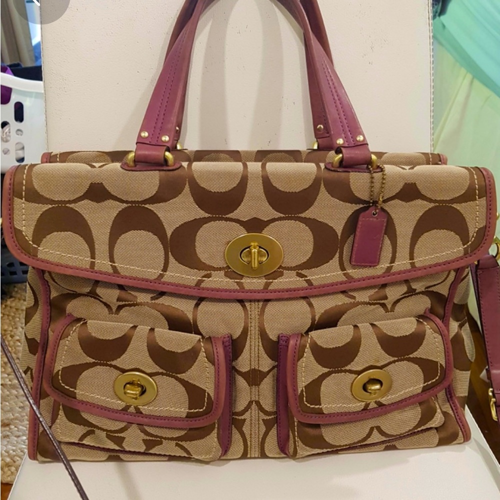 Coach Khaki Signature C Purple Legacy Business Travel Laptop Messenger Tote Bag
